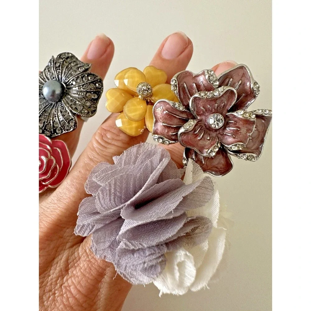 Rings Flowers Lot Crystals Statement Pink Yellow Grey Purple Floral Set of 6 Pc